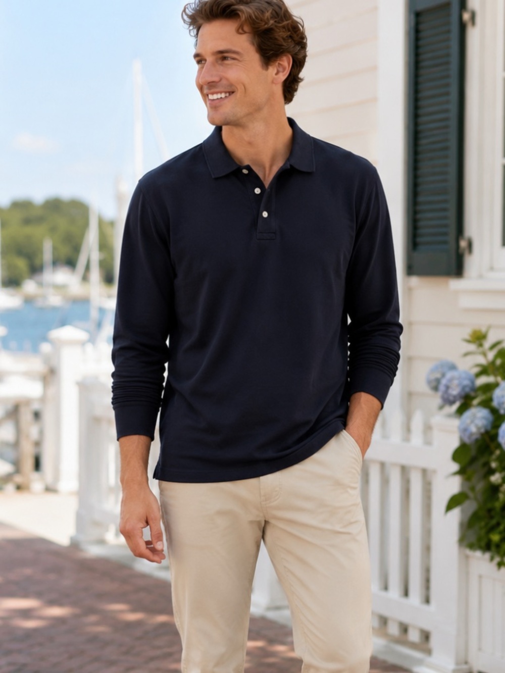 Lands’ End Long Sleeve Lightweight Polo Shirt Navy Blue Cotton - Size L